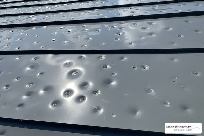 Close view of severe hail dents and punctures in metal roof panels