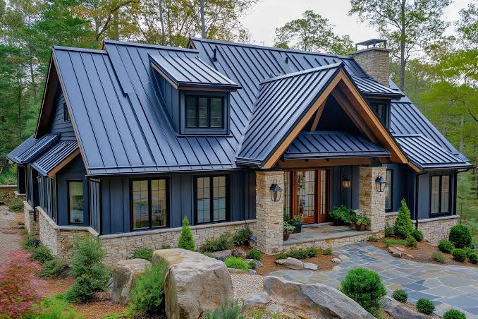 Architectural home with a dark standing-seam metal roof